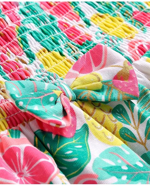 Babyhug Cotton Jersey Singet Sleeves Frock Tropical Theme Print - Multicolor