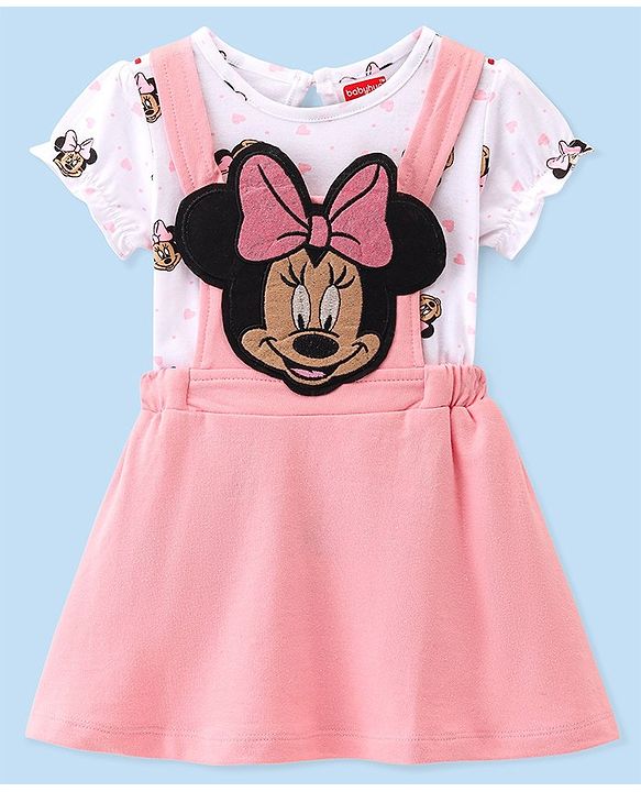 Babyhug 100% Cotton Knit Dungaree Style Frock With Inner Sleeves Inner T-Shirt Mickey Mouse Print & Embroidery -Pink & White