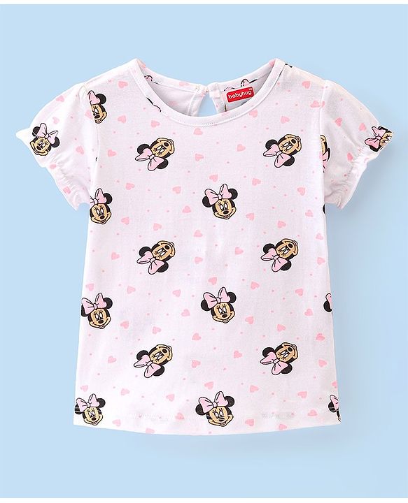 Babyhug 100% Cotton Knit Dungaree Style Frock With Inner Sleeves Inner T-Shirt Mickey Mouse Print & Embroidery -Pink & White