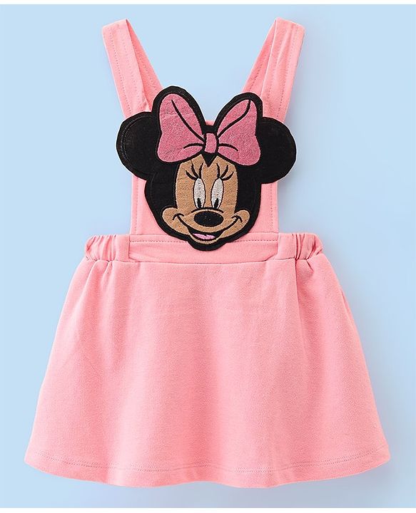 Babyhug 100% Cotton Knit Dungaree Style Frock With Inner Sleeves Inner T-Shirt Mickey Mouse Print & Embroidery -Pink & White