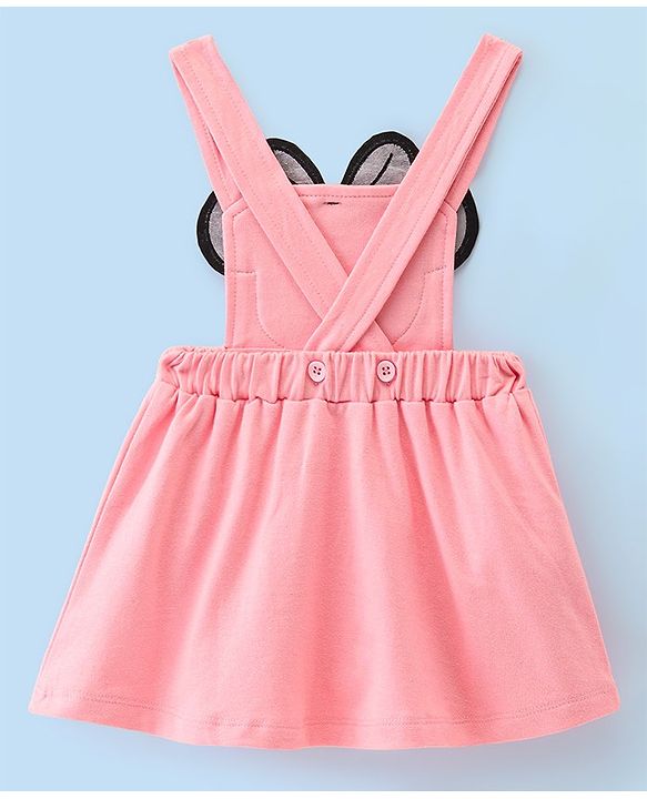 Babyhug 100% Cotton Knit Dungaree Style Frock With Inner Sleeves Inner T-Shirt Mickey Mouse Print & Embroidery -Pink & White