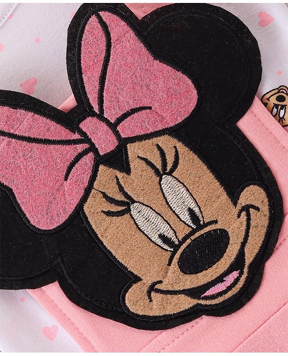 Babyhug 100% Cotton Knit Dungaree Style Frock With Inner Sleeves Inner T-Shirt Mickey Mouse Print & Embroidery -Pink & White