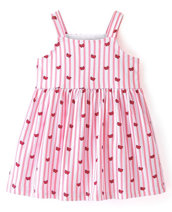 Babyhug 100% Cotton Knit Strap Shoulder Striped Frock with Shrug - Pink & Red