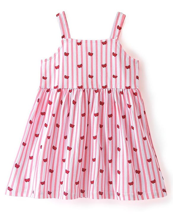 Babyhug 100% Cotton Knit Strap Shoulder Striped Frock with Shrug - Pink & Red