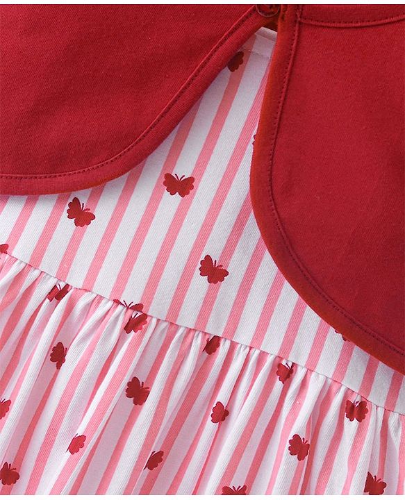 Babyhug 100% Cotton Knit Strap Shoulder Striped Frock with Shrug - Pink & Red