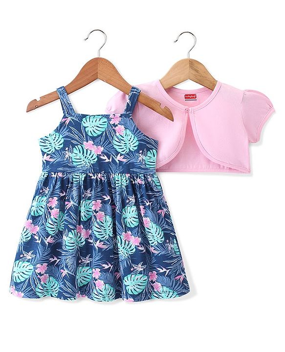 Babyhug 100% Cotton Knit Strap Shoulder Floral Printed Frock with Shrug - Multucolor