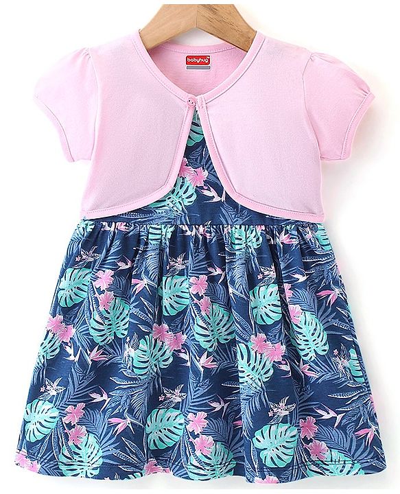 Babyhug 100% Cotton Knit Strap Shoulder Floral Printed Frock with Shrug - Multucolor