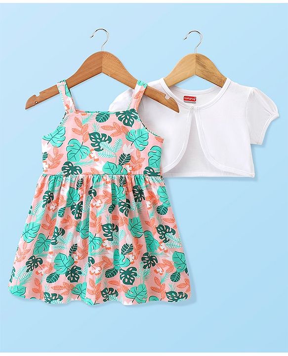 Babyhug 100% Cotton Knit Strap Shoulder Frock & Half Sleeves Shrug with Tropical Print - White & Green