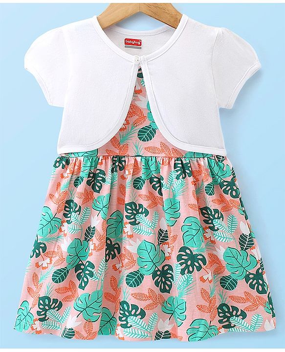 Babyhug 100% Cotton Knit Strap Shoulder Frock & Half Sleeves Shrug with Tropical Print - White & Green