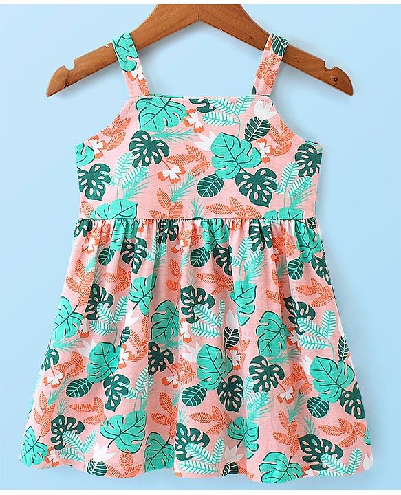 Babyhug 100% Cotton Knit Strap Shoulder Frock & Half Sleeves Shrug with Tropical Print - White & Green