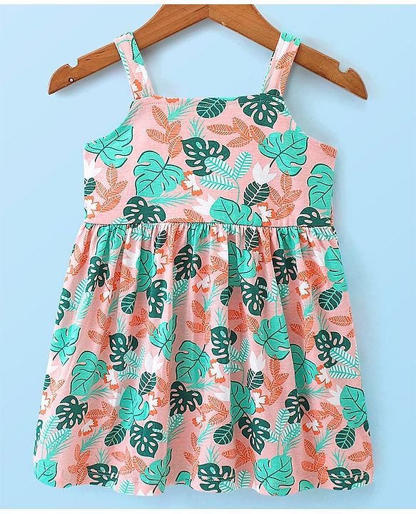 Babyhug 100% Cotton Knit Strap Shoulder Frock & Half Sleeves Shrug with Tropical Print - White & Green
