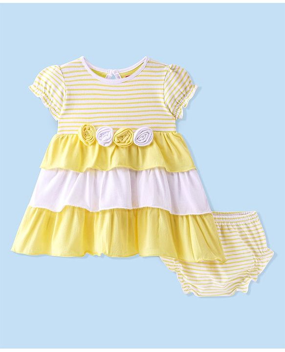 Babyhug 100% Cotton Jersey Knit Half Sleeves Flower Applique Striped Frock with Bloomer- Yellow