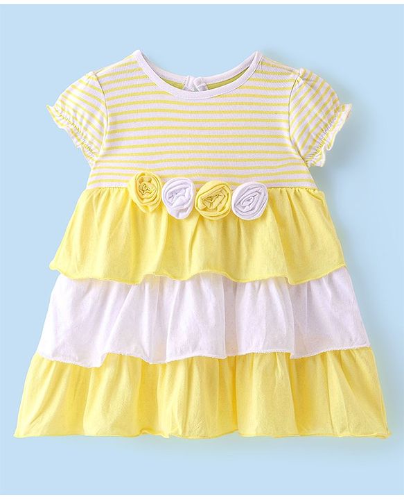 Babyhug 100% Cotton Jersey Knit Half Sleeves Flower Applique Striped Frock with Bloomer- Yellow
