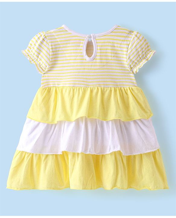 Babyhug 100% Cotton Jersey Knit Half Sleeves Flower Applique Striped Frock with Bloomer- Yellow