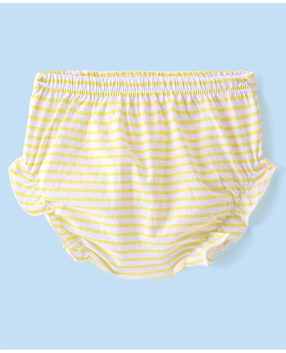 Babyhug 100% Cotton Jersey Knit Half Sleeves Flower Applique Striped Frock with Bloomer- Yellow