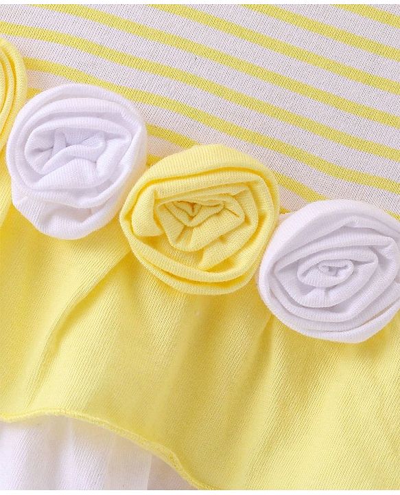 Babyhug 100% Cotton Jersey Knit Half Sleeves Flower Applique Striped Frock with Bloomer- Yellow