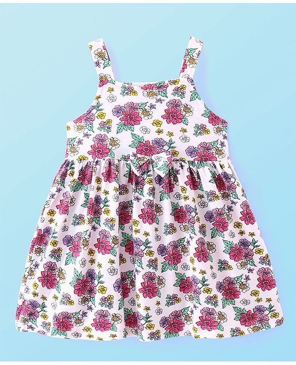 Babyhug 100% Cotton Knit Strap Shoulder Frock & Half Sleeves Shrug with Floral Print - Multicolor
