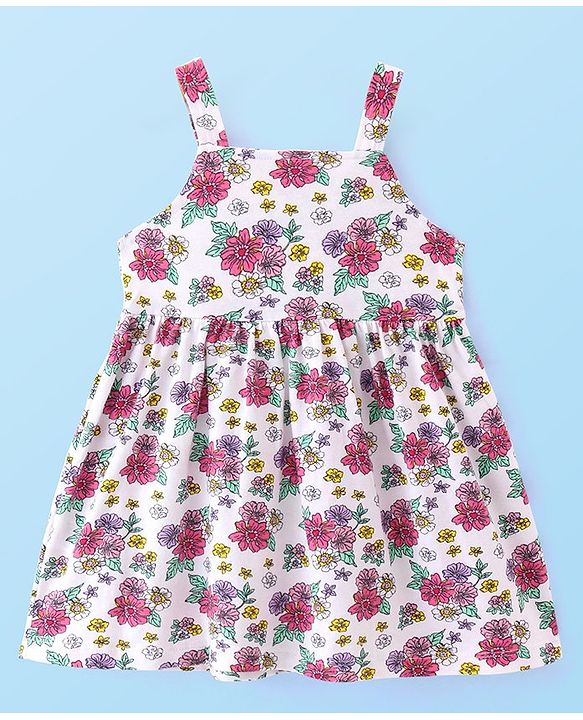 Babyhug 100% Cotton Knit Strap Shoulder Frock & Half Sleeves Shrug with Floral Print - Multicolor