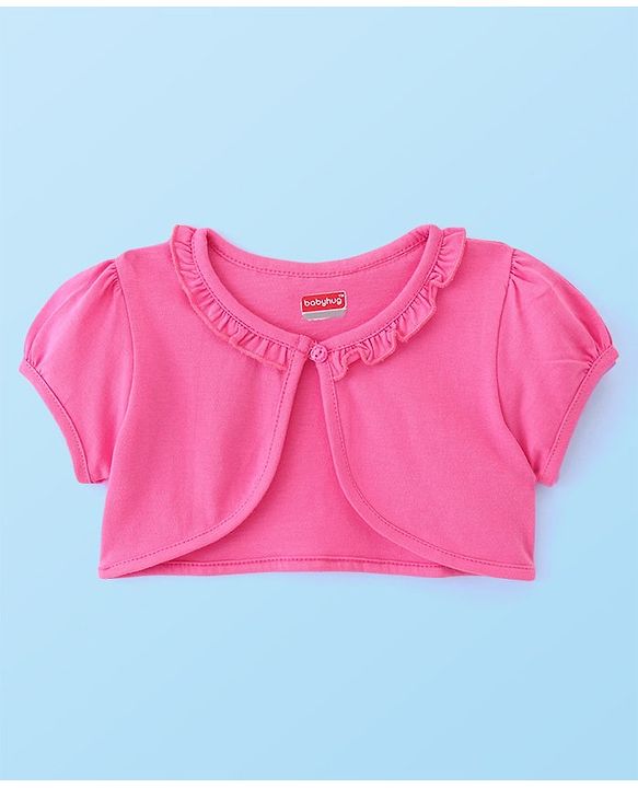 Babyhug 100% Cotton Knit Strap Shoulder Frock & Half Sleeves Shrug with Floral Print - Multicolor