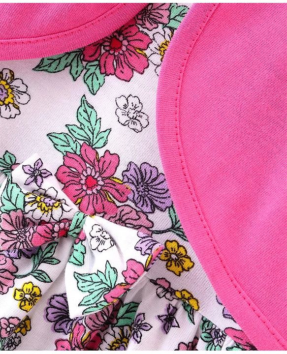 Babyhug 100% Cotton Knit Strap Shoulder Frock & Half Sleeves Shrug with Floral Print - Multicolor