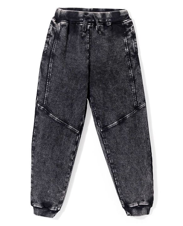 Babyhug Cotton Looper Knit Full Length Jogger Pant Cut & Sew Design Solid Colour   - Black