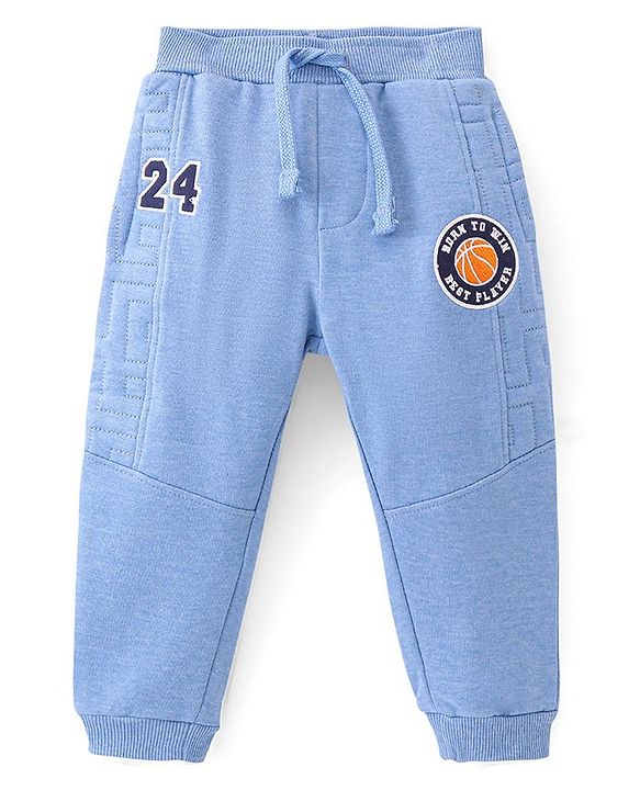 Babyhug Cotton Looper Knit Full Length Lounge  Pant Number Embroidery - Blue