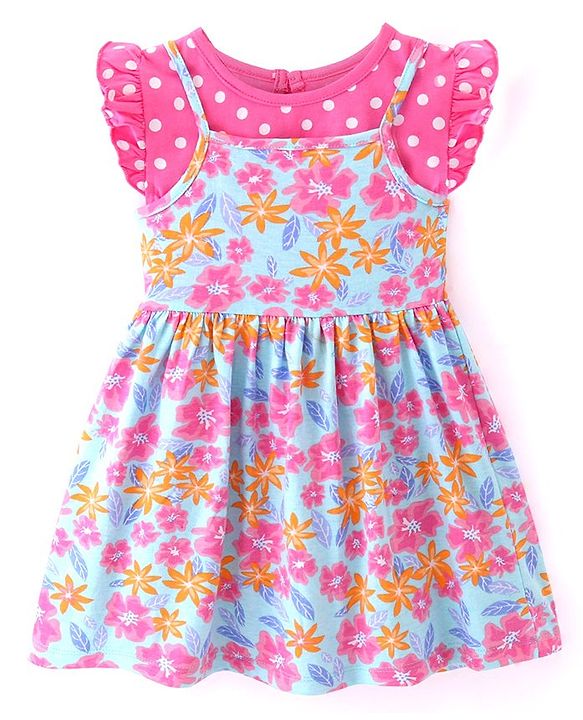 Babyhug Cotton Jersey Knit Frock with Cap Sleeves  Inner T-Shirt Floral Print - Multicolor