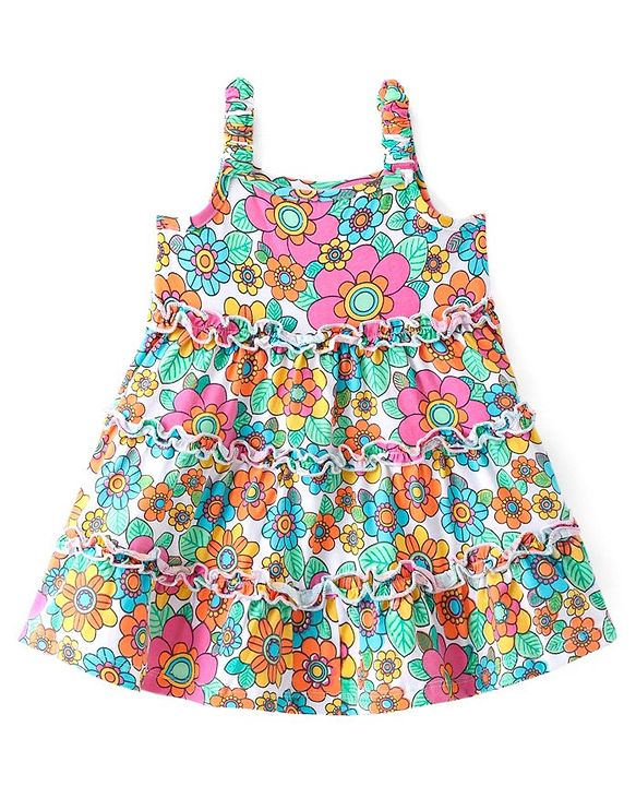 Babyhug Cotton Single Jersey Sleeveless Frock with Frill Detailing and Floral Print - Multicolour