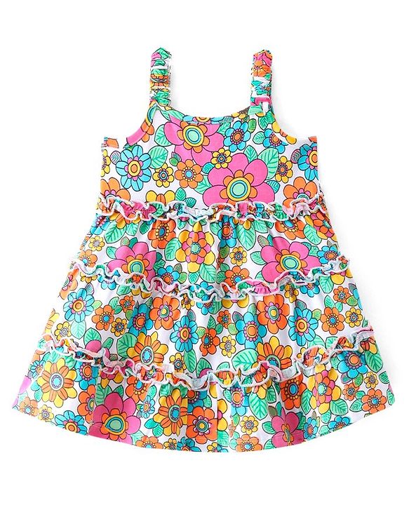 Babyhug Cotton Single Jersey Sleeveless Frock with Frill Detailing and Floral Print - Multicolour