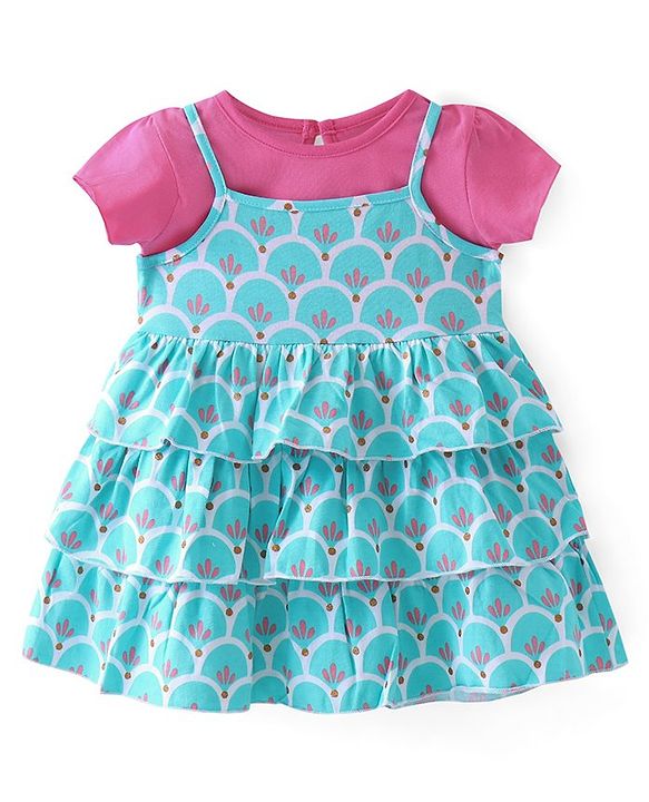 Babyhug Cotton Jersey Knit Frock with Half Sleeves  Inner T-Shirt Floral Print - Multicolor