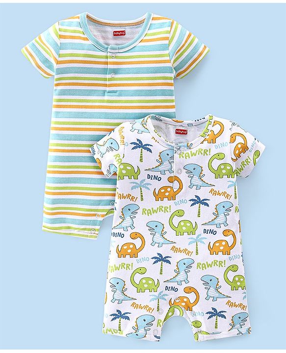 Babyhug 100% Cotton Interlock Knit Half Sleeves Romper Stripes & Dino Print Pack Of 2 - Multicolor