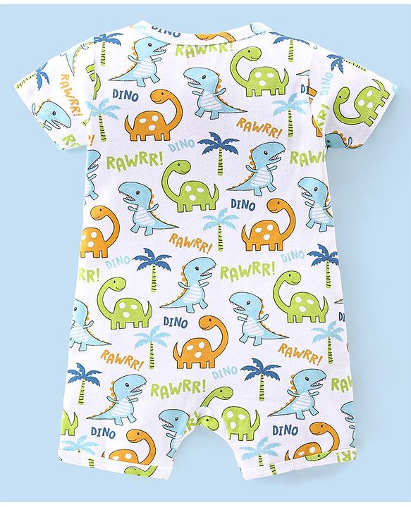 Babyhug 100% Cotton Interlock Knit Half Sleeves Romper Stripes & Dino Print Pack Of 2 - Multicolor