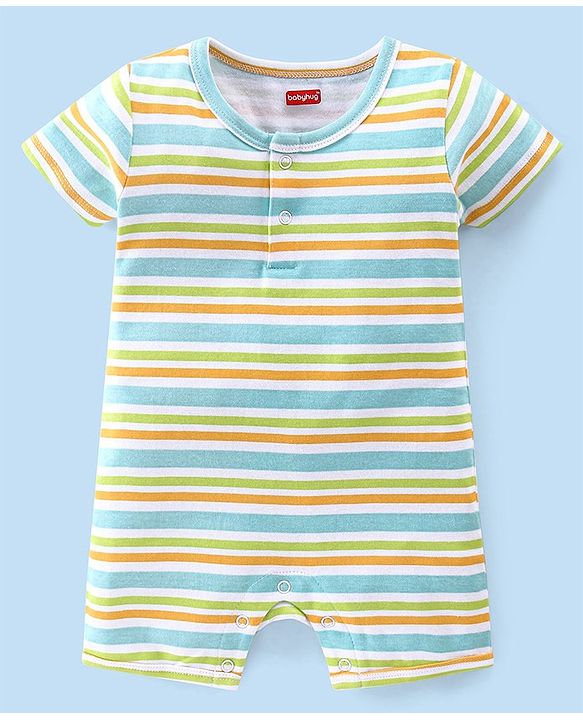 Babyhug 100% Cotton Interlock Knit Half Sleeves Romper Stripes & Dino Print Pack Of 2 - Multicolor