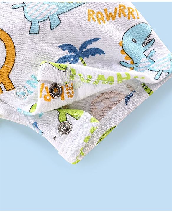 Babyhug 100% Cotton Interlock Knit Half Sleeves Romper Stripes & Dino Print Pack Of 2 - Multicolor