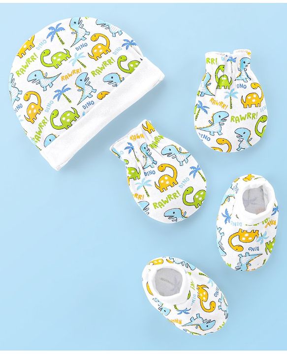 Babyhug Interlock 100% Cotton Knit Cap Mittens & Booties Set Dino Print - White