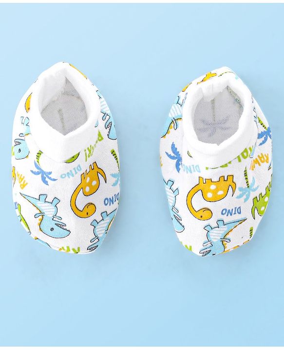 Babyhug Interlock 100% Cotton Knit Cap Mittens & Booties Set Dino Print - White
