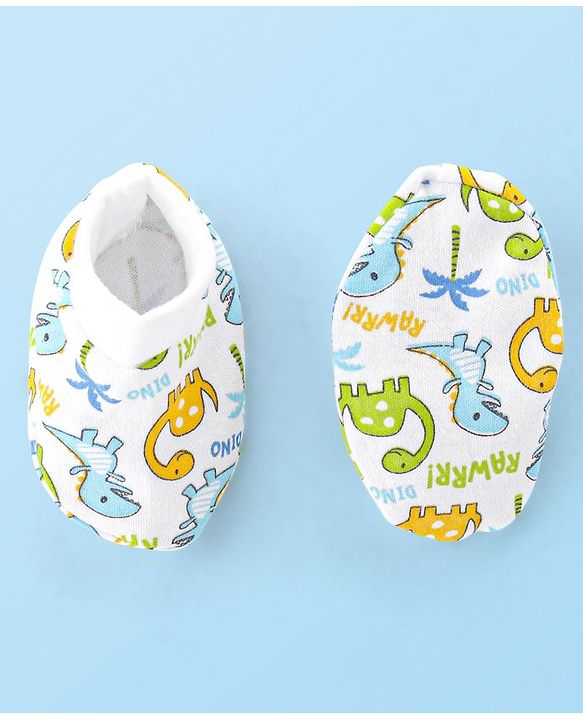Babyhug Interlock 100% Cotton Knit Cap Mittens & Booties Set Dino Print - White