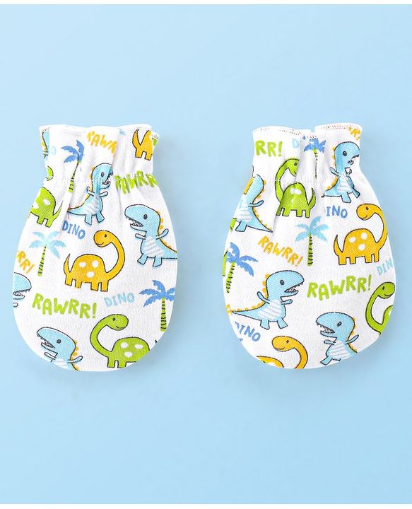 Babyhug Interlock 100% Cotton Knit Cap Mittens & Booties Set Dino Print - White
