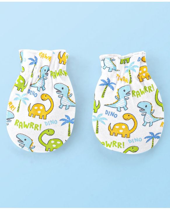 Babyhug Interlock 100% Cotton Knit Cap Mittens & Booties Set Dino Print - White