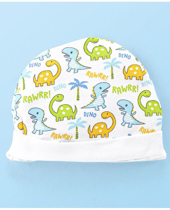 Babyhug Interlock 100% Cotton Knit Cap Mittens & Booties Set Dino Print - White