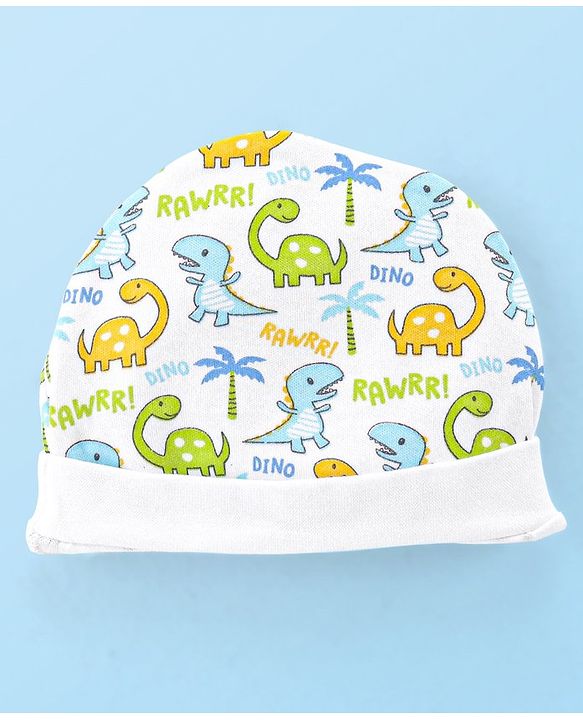 Babyhug Interlock 100% Cotton Knit Cap Mittens & Booties Set Dino Print - White