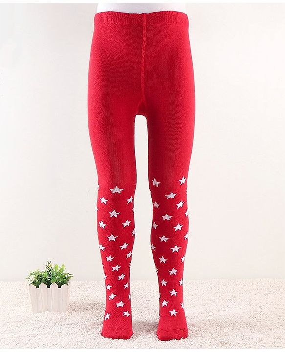 Cute Walk by Babyhug Footed Anti Bacterial Star Design Tights -Red