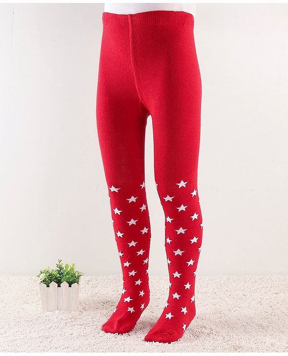 Cute Walk by Babyhug Footed Anti Bacterial Star Design Tights -Red
