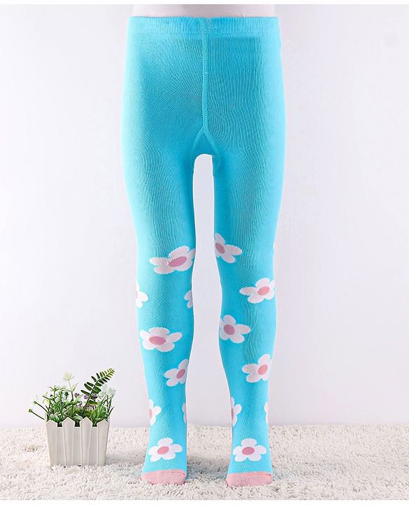 Cute Walk by Babyhug Cotton Antibacterial Footed Tights Floral Print -Blue