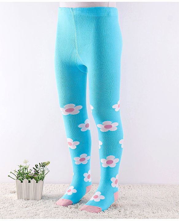Cute Walk by Babyhug Cotton Antibacterial Footed Tights Floral Print -Blue