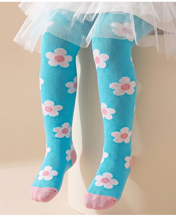 Cute Walk by Babyhug Cotton Antibacterial Footed Tights Floral Print -Blue