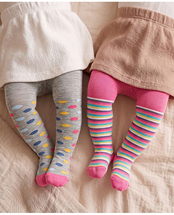 Cute Walk by Babyhug Anti Bacterial Footed  Tights Stripes & Polka Dot Design Pack of 2 - Multicolor