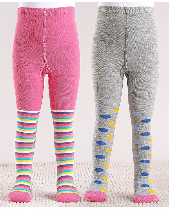 Cute Walk by Babyhug Anti Bacterial Footed  Tights Stripes & Polka Dot Design Pack of 2 - Multicolor