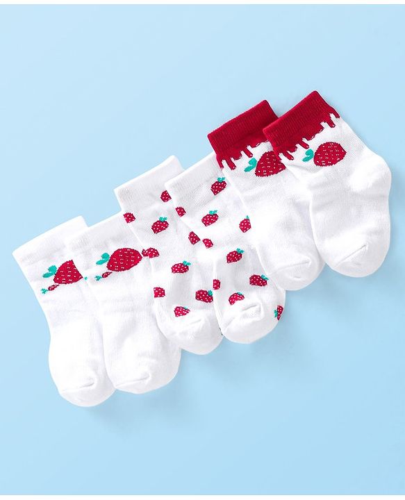 Cute Walk by Babyhug Anti-Bacterial Ankle Length Socks Strawberry Design Pack of 3 - Red & White