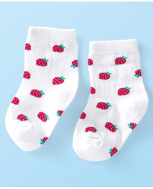 Cute Walk by Babyhug Anti-Bacterial Ankle Length Socks Strawberry Design Pack of 3 - Red & White